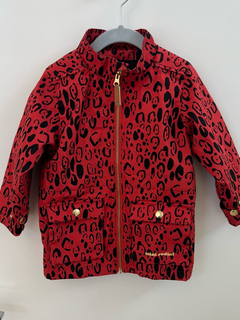 Mini Rodini Red & Black Leopard-Print Raincoat